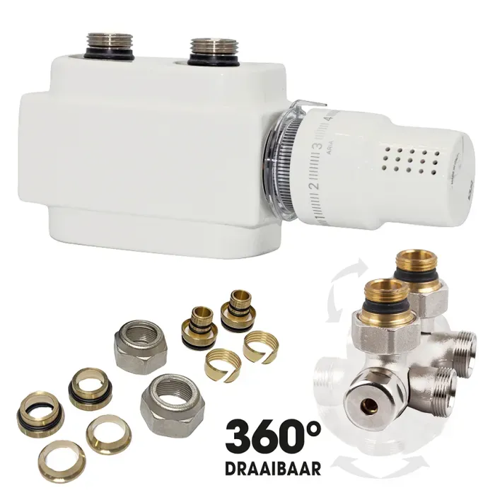 DRL Freestyle H-onderblok kit - 50 mm (haaks/recht 360 draaibaar) - plus thermostaatkop M30 wit - plus koppelingen 16x2mm - plus CV/Cu 15 mm.
